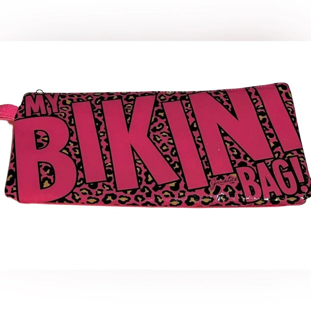 NWT Justice adorable pink lepoard sparkly bikini bag with zipper